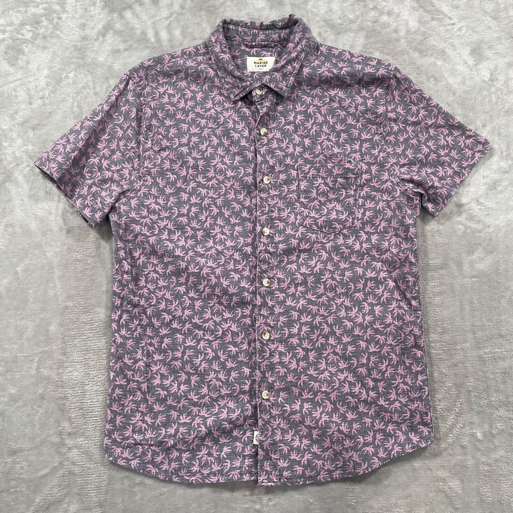 Marine Layer Shirt Mens Small Purple Short Sleeve Floral Stretch Button Up